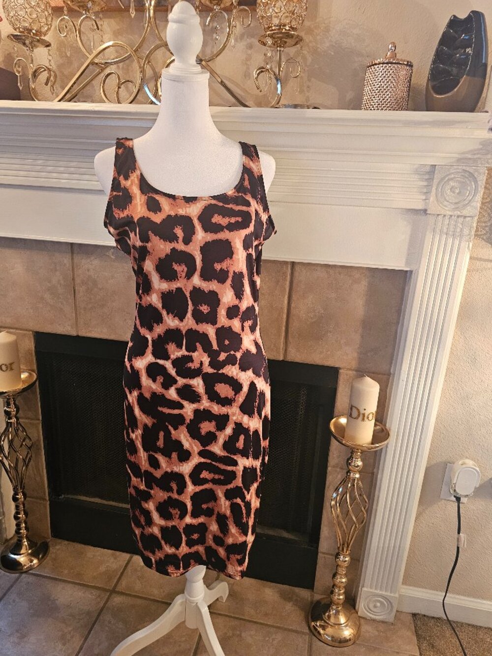 Leopard Print Bodycon Midi Dress | Size Medium | Sleeveless Stretch